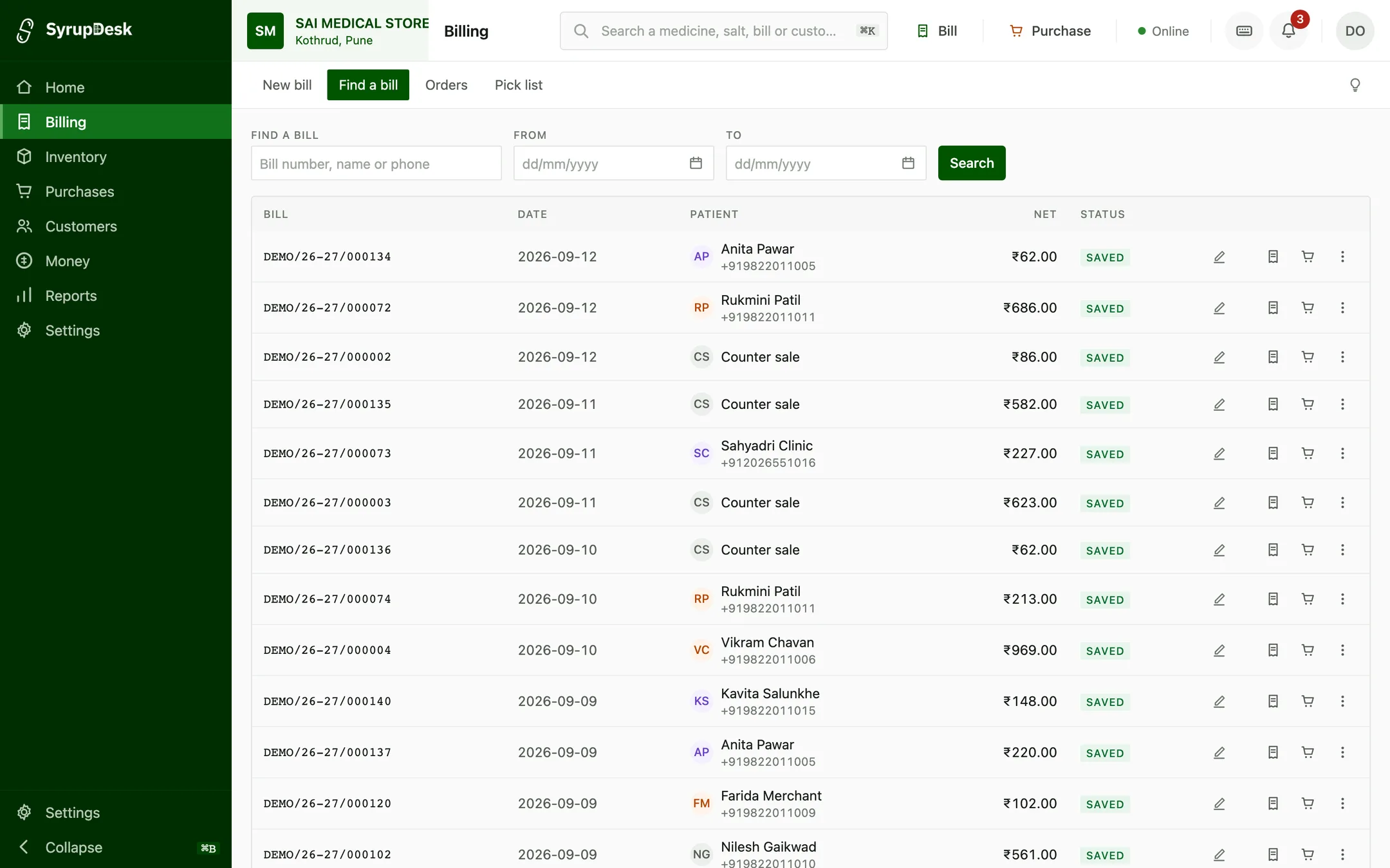 SyrupDesk bill register listing bills with bill number, date, patient, net amount and status.